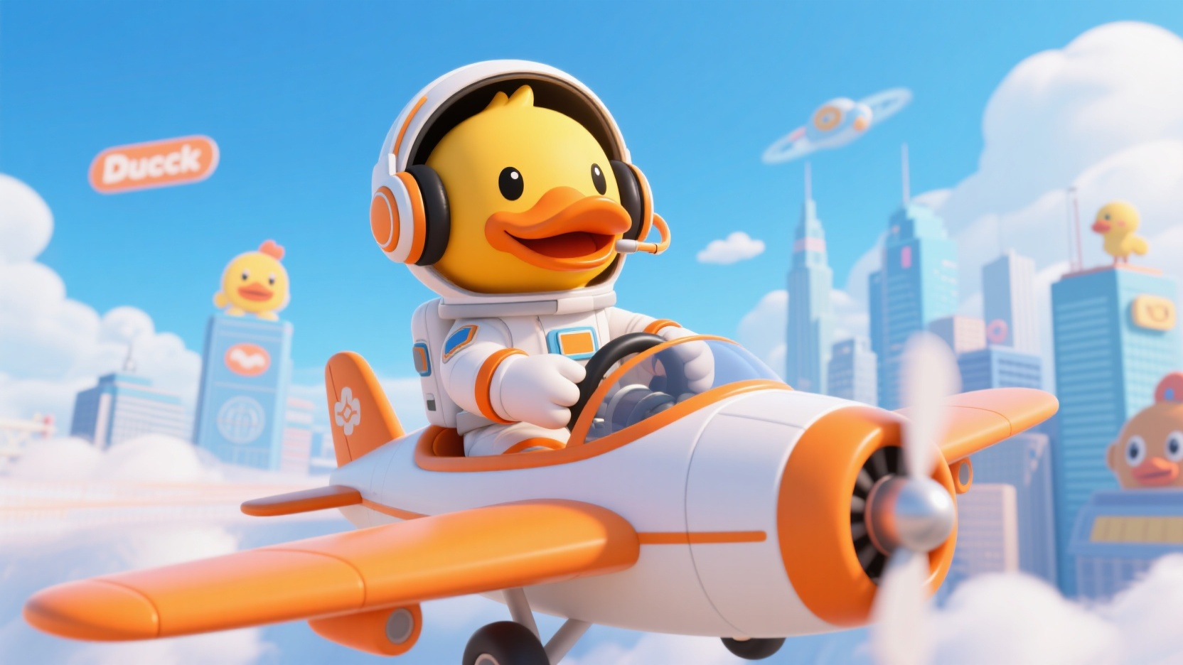 banner-开飞机的宇航鸭,一只橙黄色的鸭子头戴宇航头盔、耳戴黑色耳机,身着白色宇航服,面带微笑、神情自信地坐在橙白相间小飞机上操控飞行,背景是蓝天白云下带有品牌装饰和卡通形象的城市天际线,依旧保持充满童趣与科技感的 3D 卡通渲染风格,色彩鲜艳明亮。