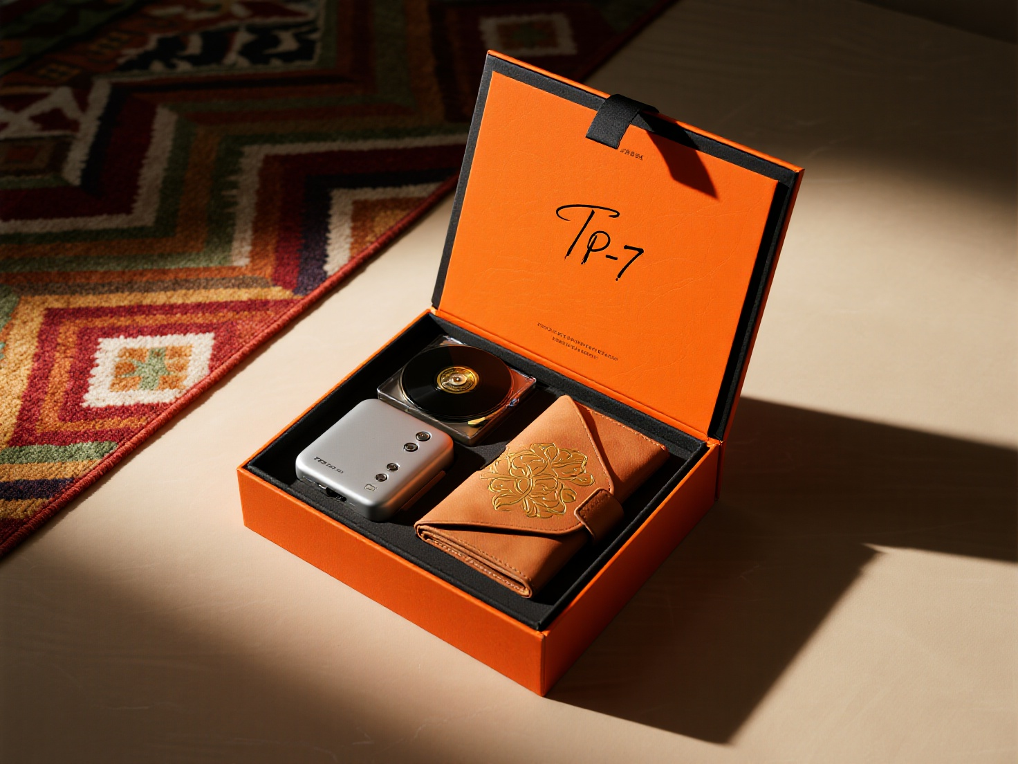 样机-包装,俯视悬浮正方橙黑礼盒,开启盒内:左置银色TP-7播放器,中为黑金CD与折叠羊皮地图,右放烫金纹饰红包,橙皮黑边拼接,背景藏式纹毯与渐变无影光,爱马仕极简奢华,背景是橙色高级,有藏族的纹饰,毯子装饰,俯视视角,高级奢侈品