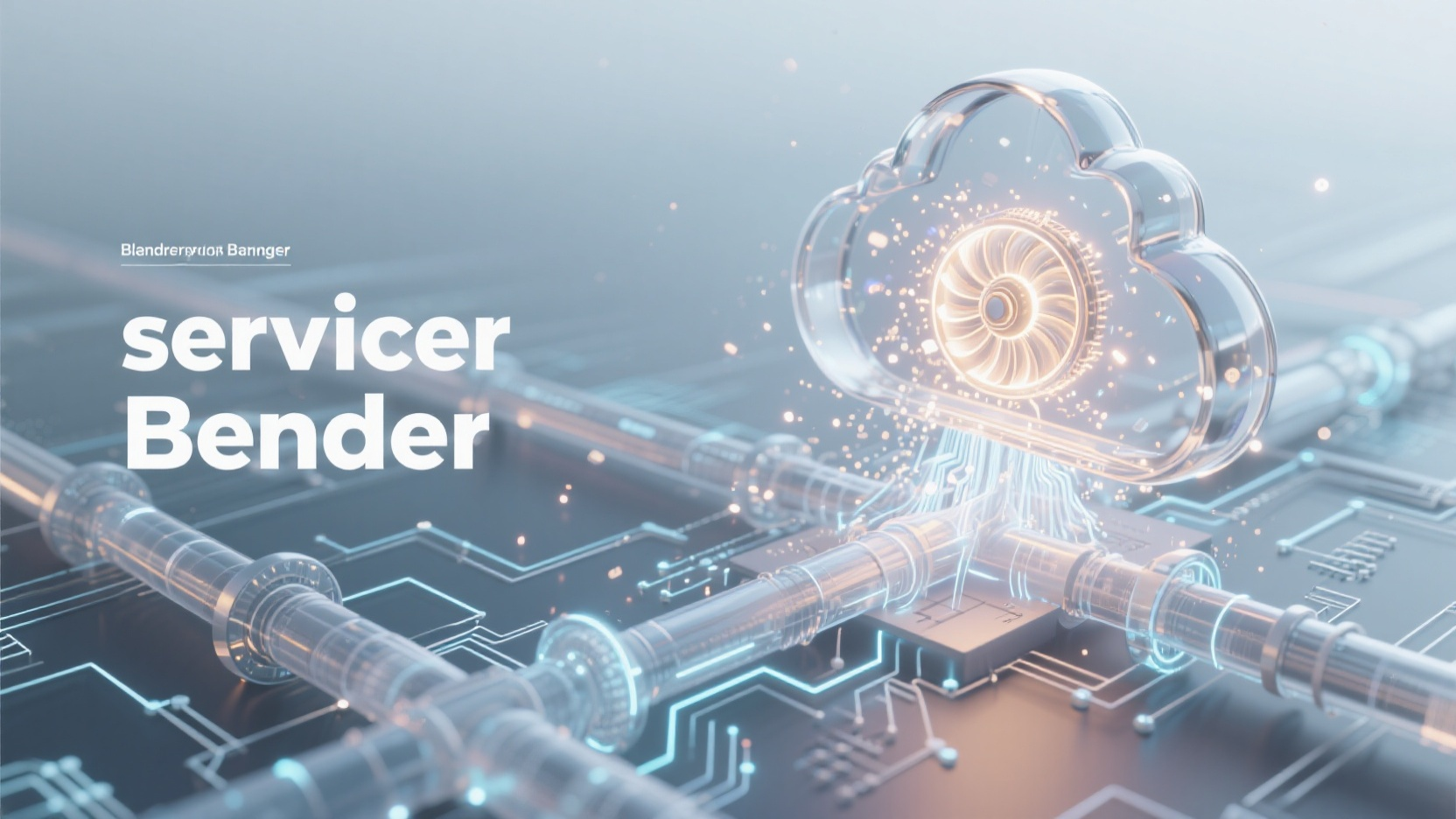 banner-云端科技,benner,画面右侧玻璃云朵内嵌涡轮结构吸收光粒子并疯狂旋转,粒子从云朵向下快速向四面散发,数据飞线构成水利管网透视图并在传输数据且粒子在飞快流动着,雾霭银渐变背景营造空间感,Blender渲染风格,网页服务banner,俯视透视构图,半透明材质内部发光效果,电路图布局效果