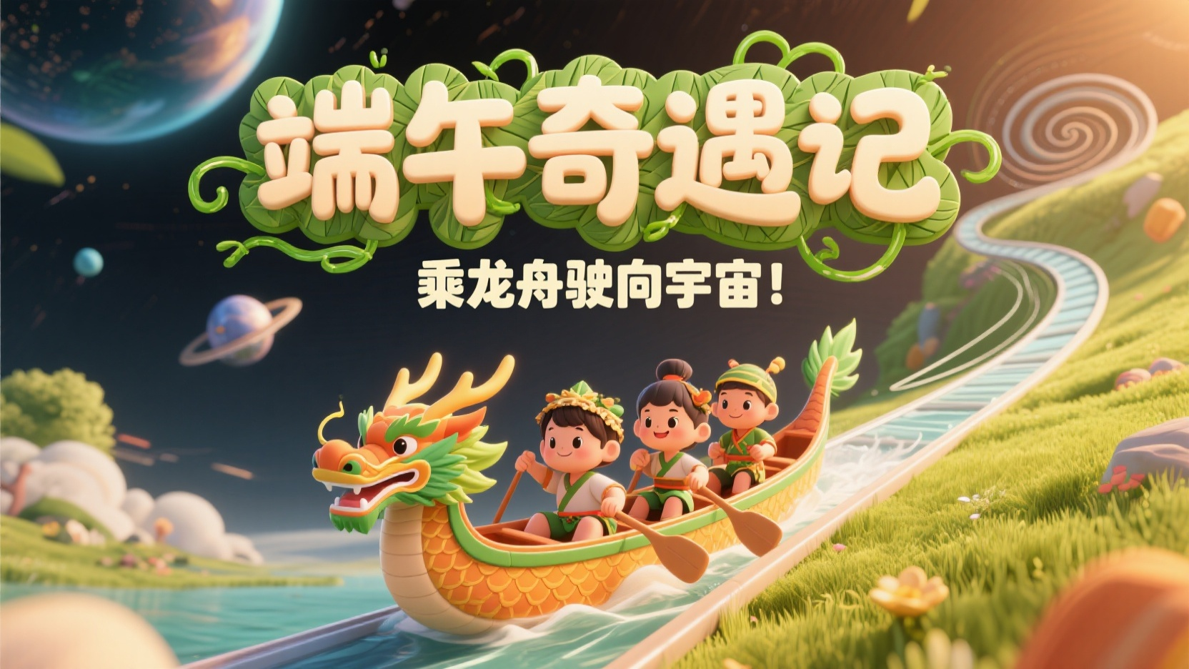banner-端午节,这是一张极具童趣与节日氛围的端午节主题插画海报,采用三维可爱风格(3D卡通风)绘制,视觉构图富有动感与幻想元素。主标题:“端午奇遇记”四字采用软萌、立体化字体设计,字面纹理仿照粽叶,配以绿色藤蔓状的装饰笔画,营造出自然、清新的节日感。副标语:“乘龙舟驶向宇宙!”富有想象力,融合传统节日与太空奇幻概念,吸引儿童目光。整体画面采用螺旋式构图:元素沿逆时针或顺时针方向旋转上升,制造出动态视觉通路,引导视线由前至远、由地面延伸至未来。主视觉居中偏下:几个穿戴节日装扮的小朋友,坐在龙舟上,从前景草地沿一条螺旋轨道升空。龙舟尾部带有轨迹,暗示运动轨迹的旋转感