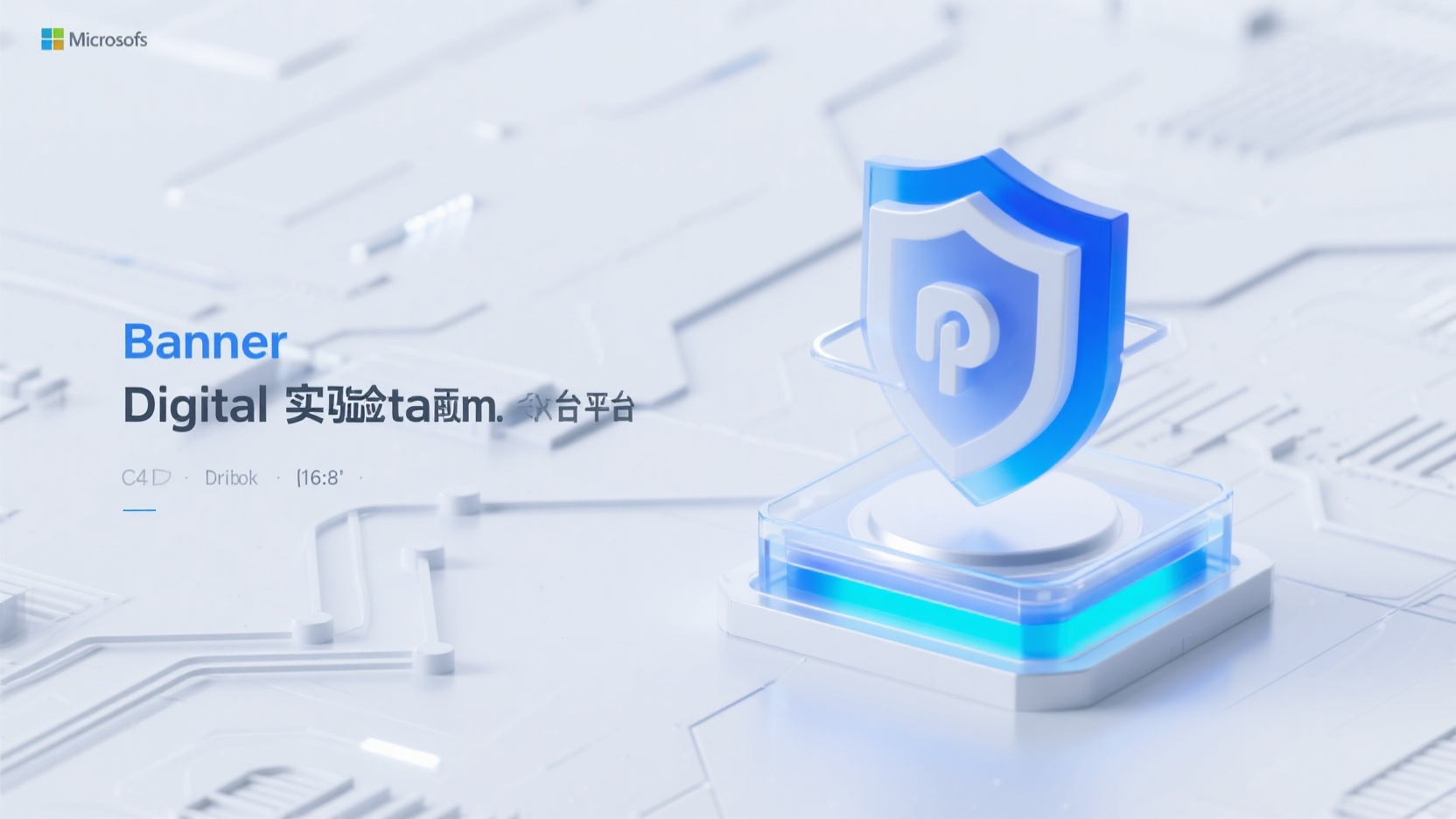 banner-网络安全,设计一张数字化试验平台的banner:主视觉在画面的右侧1/4处远景,物体主体物有科技感底座,底座上方有抽象的盾牌元素,科技感背景为纯白色抽象电路板元素,蓝色辅助色,微软玻璃风格,毛玻璃,白透玻璃和蓝透玻璃质感,采用影棚灯光,采用光线追踪技术,极简工业风格,融合了 Pinterest 和 Dribbble 的风格特点,C4D, OC 渲染器,8K 分辨率,比例 「16:9」渲染元素细腻,细节高清,不要有任何文字