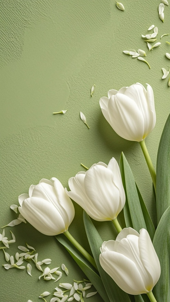 背景图-郁金香花束背景,大师俯拍,有质感,真实感,颗粒感,氛围感拉满的镜头,抹茶色无比清晰好看有纹理的平面纯色背景,大面积留白,极简,右侧背景上是高级氛围白色无比清晰绝美高级好看真实好看的大朵大朵的郁金香花朵(占据面积很小),只有三五朵清晰的小白花,清晰的花朵旁还有一些细碎的同色系小花瓣,背景和花朵搭配相呼应巨和谐巨好看,c4d,oc渲染,仿真实摄影,完美高级留白构图,构图富有造型感,生机盎然的渐变色绿,洋溢着春日的活力,超高清,高质量,无干扰因素。