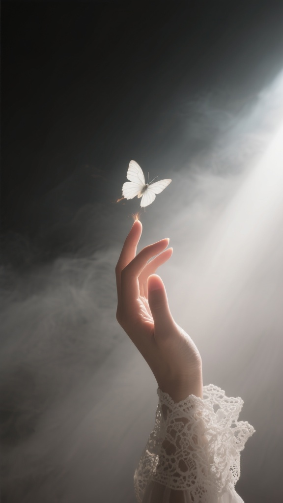 背景图-指尖蝴蝶背景,迷雾背景,柔和而温暖的光线从一侧斜射进来,形成一道明亮的光束,仿佛给画面增添了一层神圣的光晕。斜向正视,一只女性的手从迷雾中心伸出迷雾,白色蕾丝装饰。手心上空有一只小小的白色梦蝶飞舞,梦蝶模糊,抽帧,迷离。梦蝶翅膀燃烧殆尽。整体氛围唯美又暗黑风浓郁,极简主义手部的皮肤在光线的映照下,呈现出细腻的质感,光影交错间,勾勒出手指的轮廓。 蝴蝶位于手的上方,与手之间似乎有着一种微妙的联系,仿佛在回应着手的召唤。 整个画面通过光影的巧妙运用,将手与蝴蝶的互动展现得如梦如幻,传递出一种宁静、温柔且充满希望的情感,仿佛让人置身于一个美好的梦境之中,感受到人与自然之间那份细腻而美好的羁绊,整个氛围神秘而唯美。