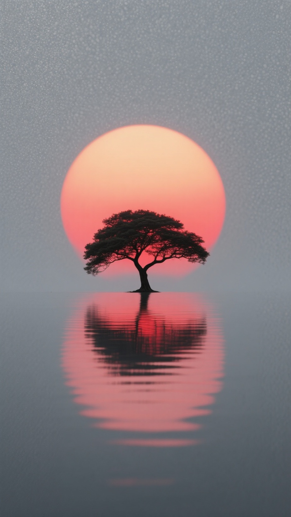 背景图-夕阳+大树剪影背景,背景灰色,大大圆圆的落日,一颗树,红色和黑色,落日和树相互辉映,倒影,由浅到深,磨砂颗粒感,高级感,东方美学,简约构图,意境,杰作,16k。