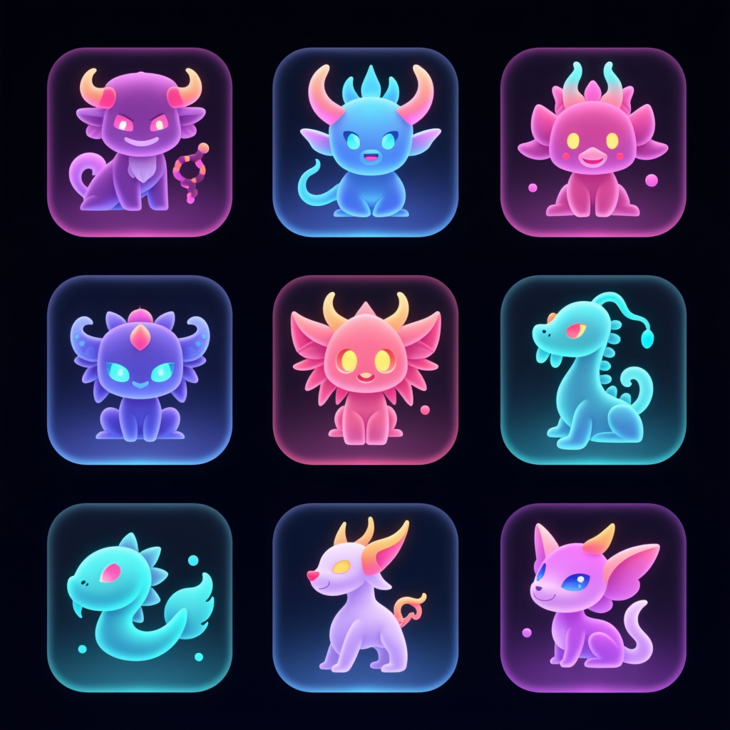Logo图标设计之磨砂玻璃霓虹图标系列,A collection of 9 mystical icons inspired by Shan Hai Jing creatures, featuring frosted glass style with fantastical colors, designed for user interface and app design. The icons embody imaginative elements of Eastern mythology, rendered in a flat design style with a central composition. The ultra-high pixel detail showcases neon-lit effects against a dark background, enhancing the mystical and otherworldly ambiance.