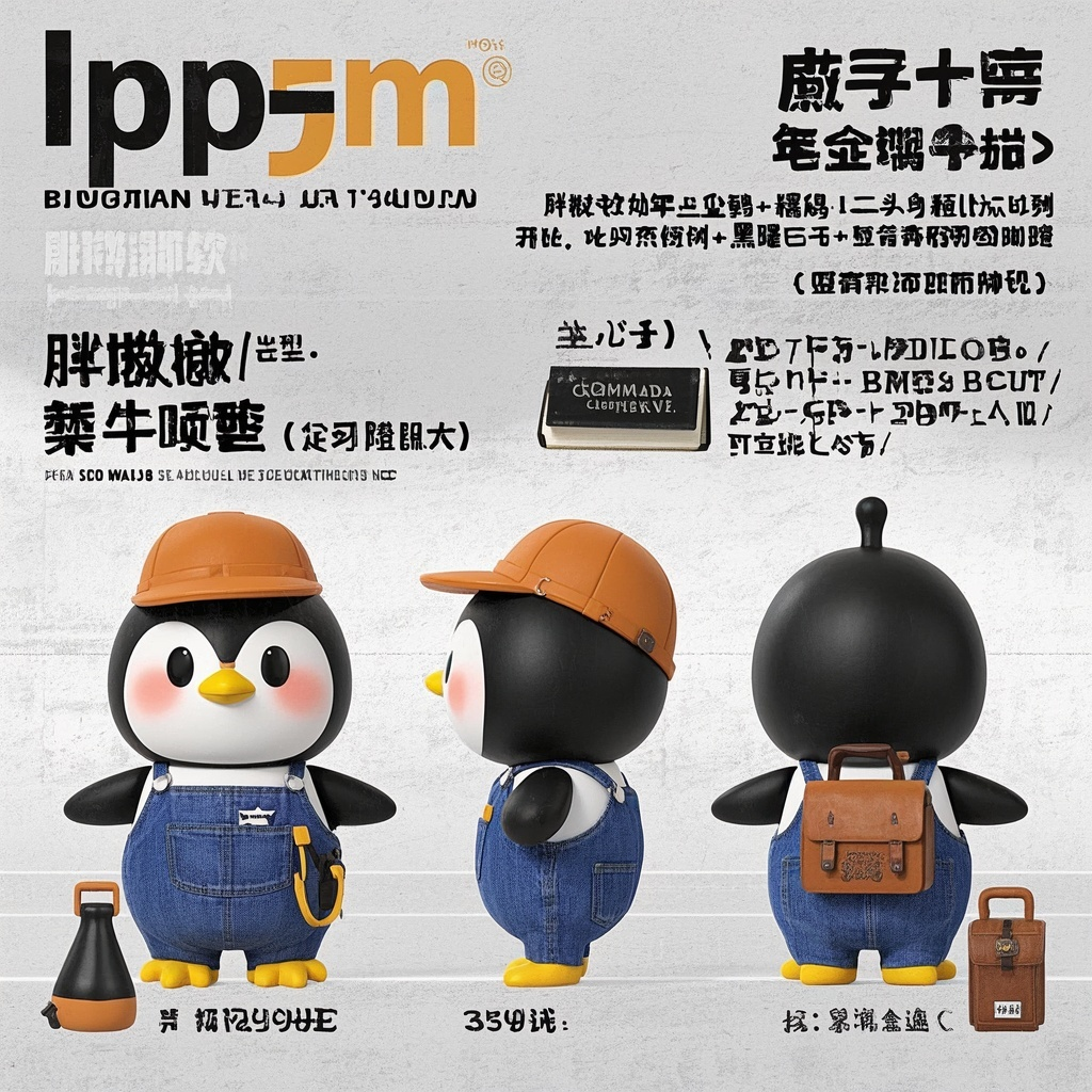 潮玩IP企鹅,ip设计。三视图。基础形态「胖墩墩幼年企鹅+梨形软糯体型+二头身潮玩比例+黑曜石质感羽毛+橙黄渐变脚蹼」核心装扮「磨砂牛仔背带裤+可拆卸工具口袋/ 方形学士帽/ 复古雕花皮书包」面部特征「玻璃珠星芒瞳+眨眼wink动态/ 粉橘渐变腮红+喙部蜜糖光泽/ 15度侧头求知表情」
