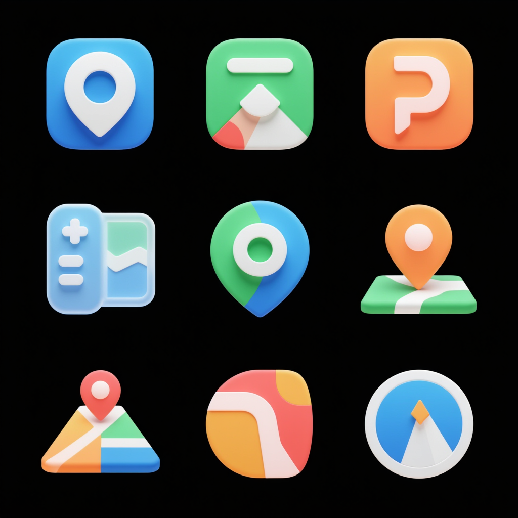 Logo图标设计之幻彩浮雕系列图标,Create a series of 9 exquisite icons for a map navigation application. The icons should have a UI design with an embossed effect, maintaining a consistent and cohesive style throughout the set. The design should exude a sense of sophistication and simplicity, using a color scheme of blue, green, orange, and white. Ensure the highest quality image output with a creative touch. The icons should be colorful and have a semi-transparent appearance against a pure black background, enhancing the overall advanced and premium feel.