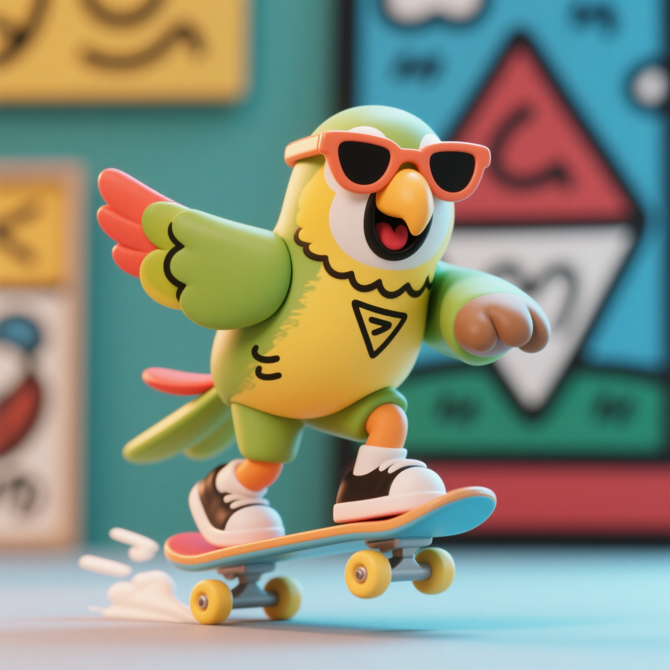 潮玩IP鹦鹉,3D,手办,正在玩时尚滑板的鹦鹉,带着时尚三角形墨镜,嘻哈范儿十足,突出动态和速度感。童真童趣线条、简笔四肢形态、基斯哈林式色彩、天真姿态、简约轮廓勾勒 名画 杰作,动作夸张,表情夸张