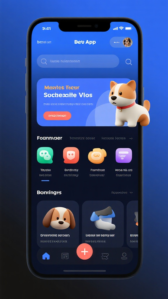 宠物APPUI手机效果图,宠物APP UI界面设计,画面中有3d图标,有banner区,高级感,蓝色为主,