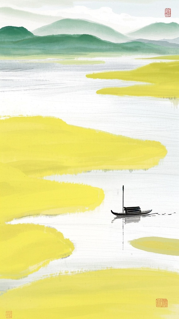 背景配图,大面积留白,极简风格,水墨画,远景,最佳艺术构图,设计感极强,大师作品,景深,一叶扁舟,黄色,白色,晕染,浑然一体,抽象,动态,渐变,
