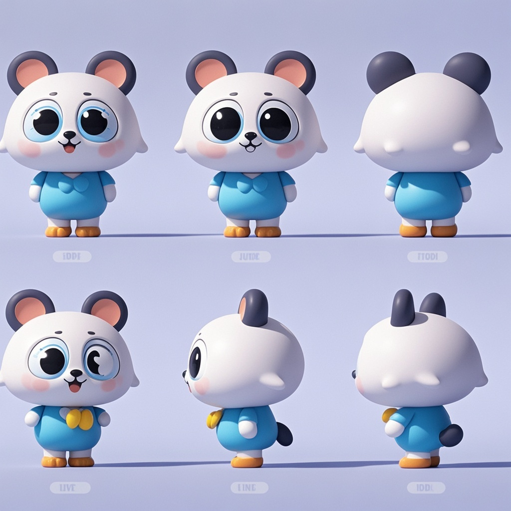 潮玩IP 老鼠,三视图,盲盒,迪士尼风格,IP,3D,三视图,前视图,侧视图,后视图,盲框,超高清,大眼睛,可爱的表情,动物造型,干净的背景,