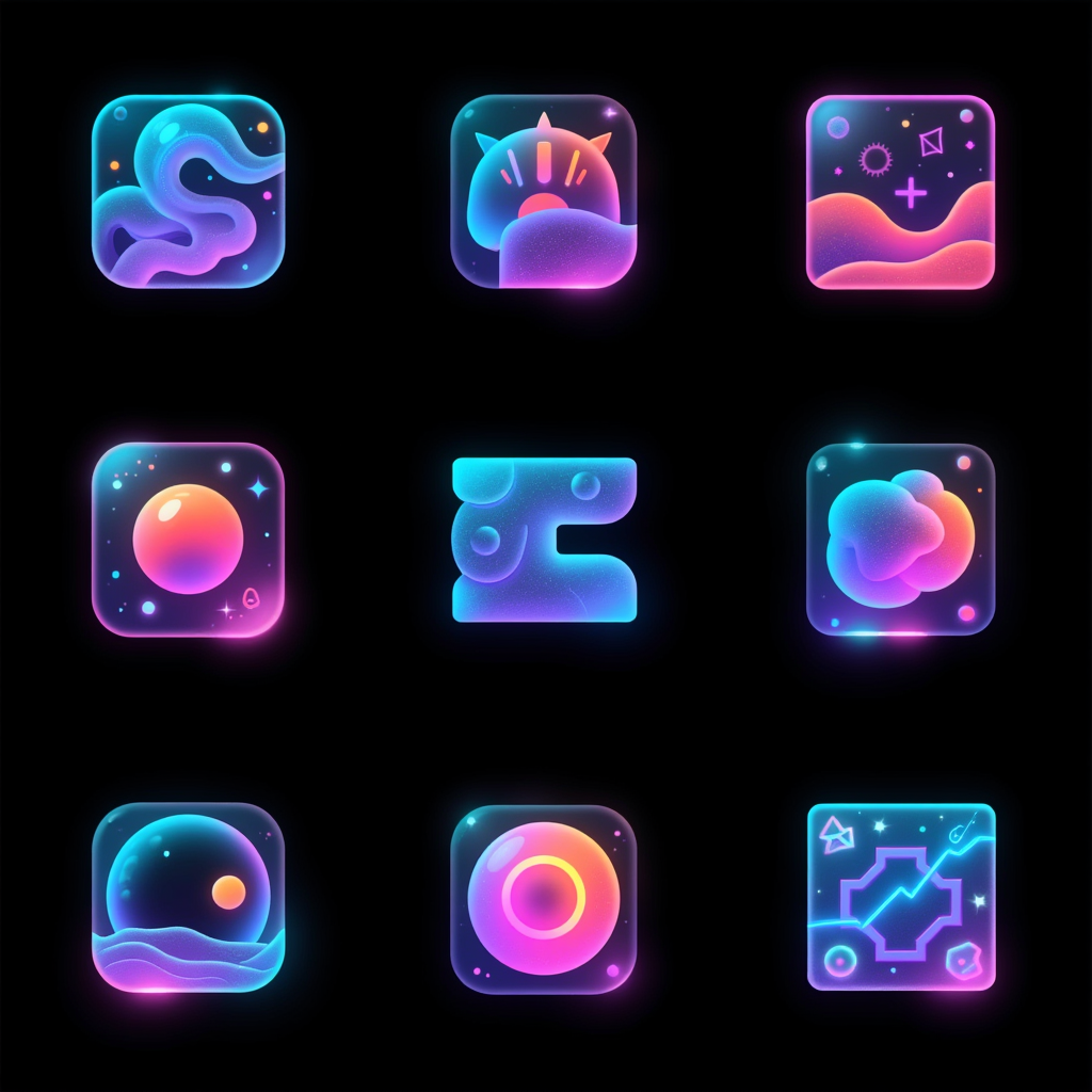Logo图标设计之磨砂玻璃霓虹图标系列,A collection of 9 icons for various metaverse scenes, featuring a frosted glass series with psychedelic colors, designed for user interface and application design. Emphasizing future immersion and flat design, the icons use a central composition with ultra-fine details and neon lighting effects against a black background. The intricate designs incorporate vivid neon glows and detailed textures, creating a futuristic and immersive visual experience.