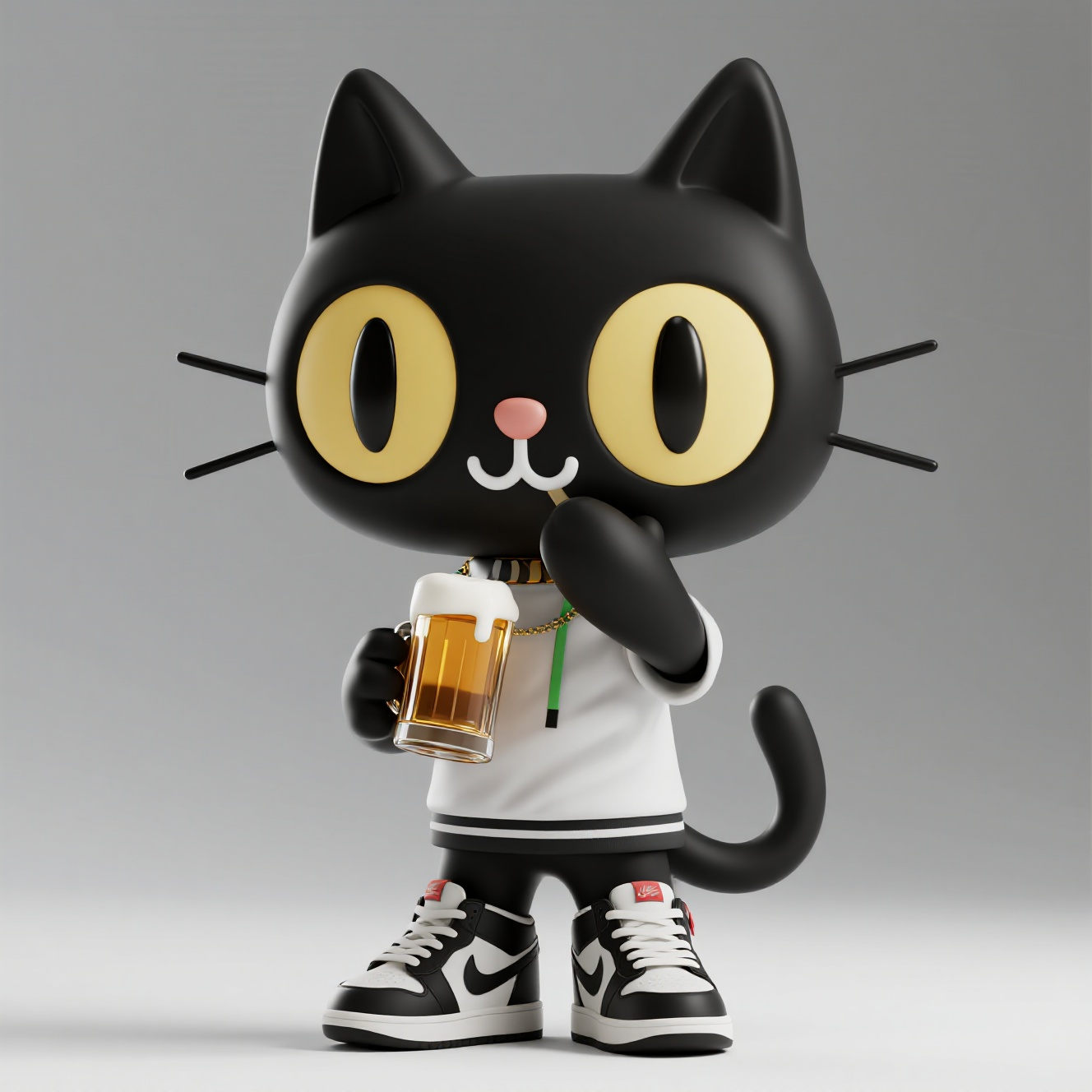 潮玩IP黑猫,可爱猫吉祥物穿潮流装和运动鞋喝啤酒黑色,街头风,干净背景,c4d制作,丰富细节