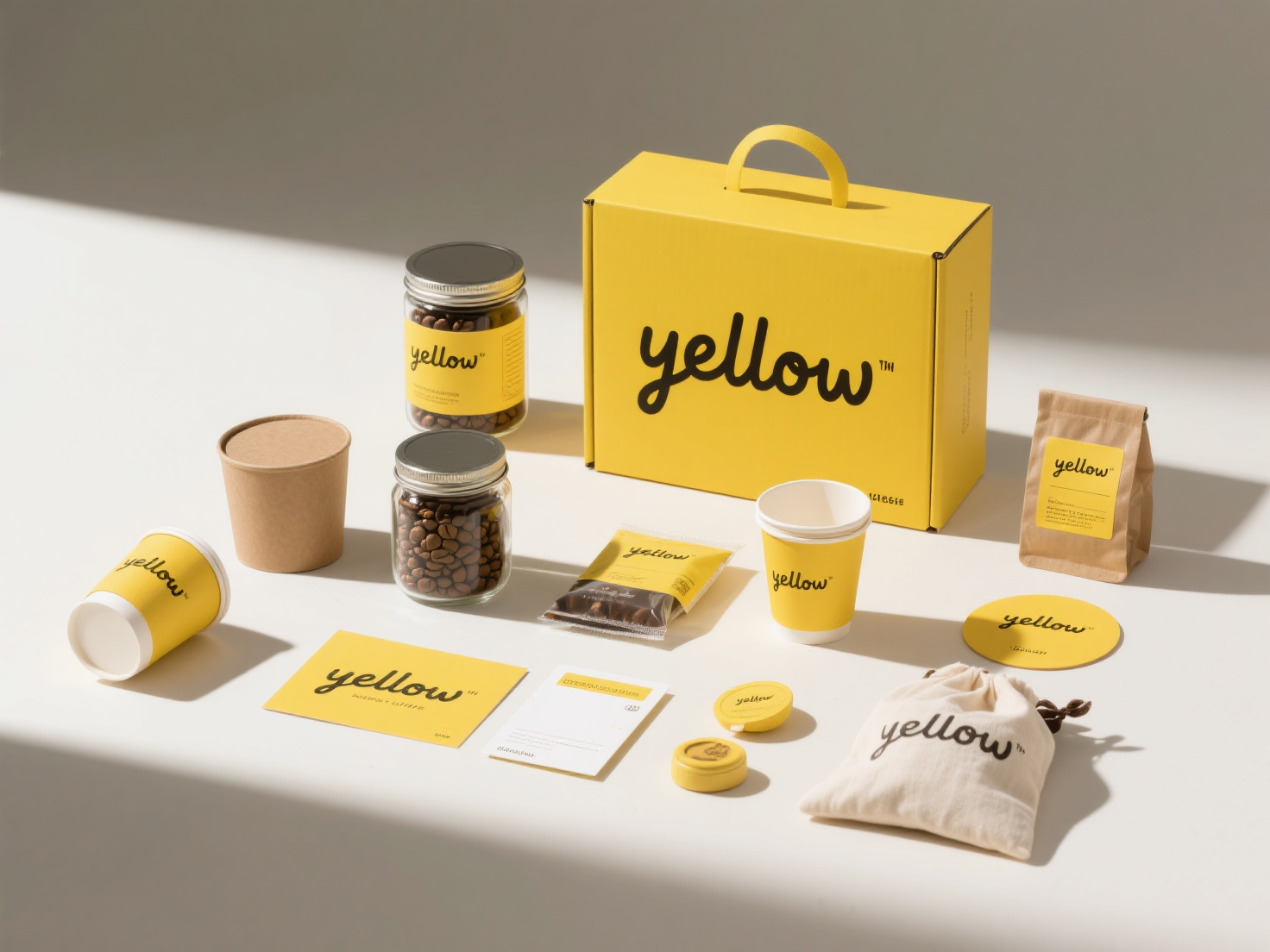 咖啡品牌CIVI包装,创作一组手写字体logo“yellow"咖啡品牌全系列产品的视觉展示图,以明亮黄色为主色调,包含手提咖啡礼盒、罐装咖啡豆、咖啡豆玻璃罐、纸质咖啡杯、小包袋装咖啡、周边物料(杯垫、卡片、布艺包等 ),采用简洁整齐的平铺布局,呈现统一的品牌标识与风格,营造清新、专业的品牌视觉氛围 ,突出产品多样性与品牌一致性,背景干净 ,模拟高端咖啡品牌的物料陈列效果 ,光影结合