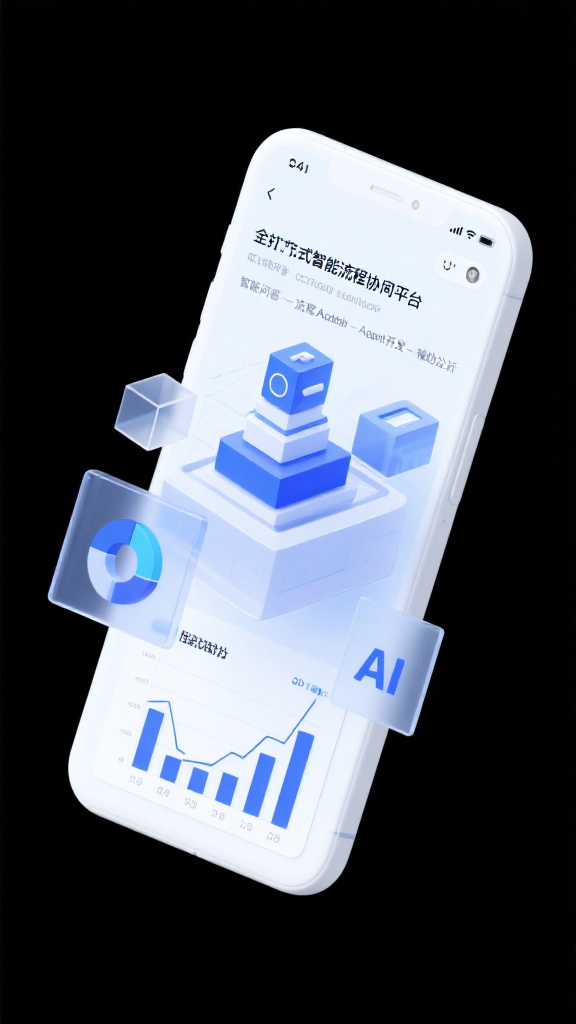 UI手机数据效果图,手机UI界面,数据图表,等距UI界面,增加细节,蓝白色,数据的,科技感,工业风玻璃质感的立体效果,全栈式智能流程协同平台,低代码开发,智能问答-流程自动化-敏捷开发-辅助决策,AI,蓝白色背景,c4d,3D,Octane渲染,极高分辨率,增加细节,细节强化,明亮,通透感,各种形状汇聚一起 ,增加细节,