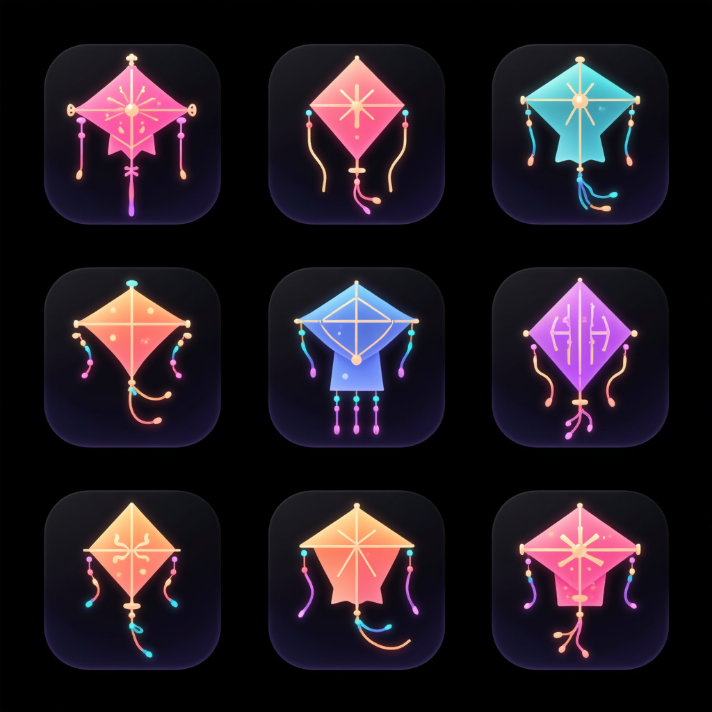 Logo图标设计之磨砂玻璃霓虹图标系列,A collection of traditional kite icons in various styles (9 icons total), part of a frosted glass icon series with vibrant colors, designed for user interfaces and app design. Incorporating folk art elements and flat design, each icon features a central composition with ultra-fine details. Neon glow kite strings add a modern touch. Set against a dark black background, the icons showcase intricate craftsmanship and vivid hues.