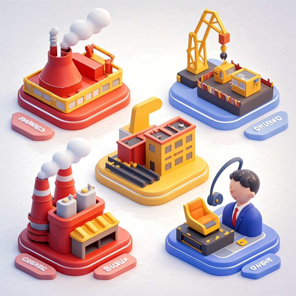 3DUI图标,3D图标,多种设计,图标顺序依次是:钢厂、基地、厂家、代理、码头,适用于UI,重点是钢厂基地采用工厂类元素,码头是以龙门吊之类的元素,代理商是以人物为主的元素,使用柔和的橡皮泥风格,背景为白色,风格参考Dribbble,高分辨率,以红色为主,黄色为辅,光线柔和。