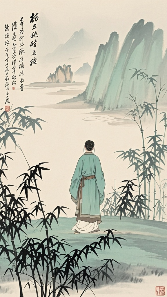 背景配图,中国水墨画。禅意深远,空灵寂静,留白,梦幻,远处隐约又孤寂的背影,极简画面元素少。主色调是淡淡的石绿色,高分辨率巧妙的构图。淡雅唯美的画面。