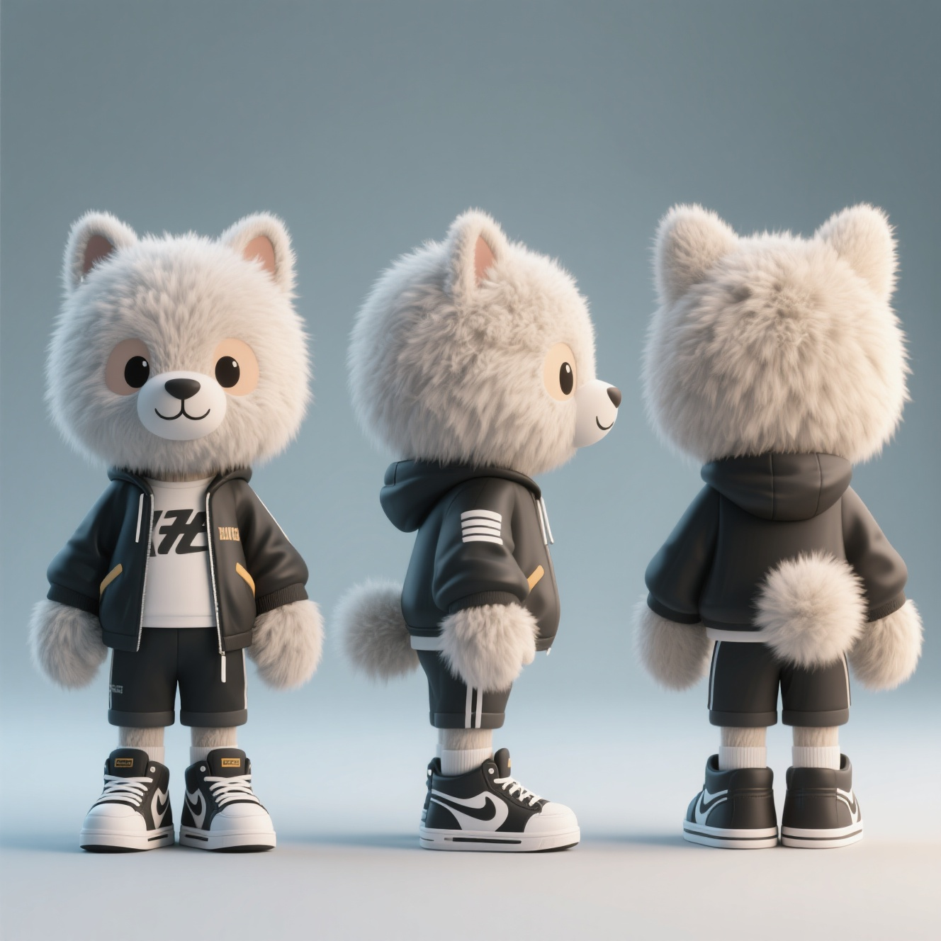 潮玩IP狼,3D卡通角色设计,毛茸茸的可爱动物拟人角色,时尚服装,球鞋,酷,三视图,正视图,侧视图,后视图,毛绒材质,干净背景,配色高级,极致的光影,高级,充满创意,极简,