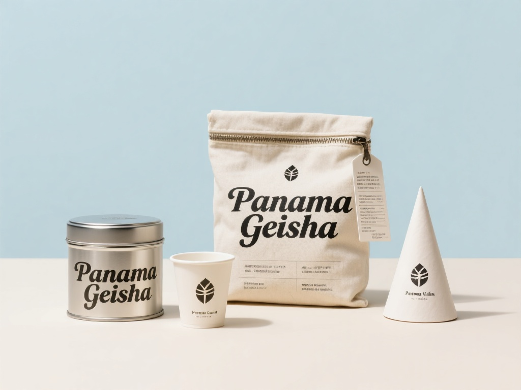 烘焙品牌CIVI包装,这张图继续展示了“Panama Geisha”品牌丰富多样的包装形式,包括罐子、手提袋、纸杯、标签等。依然以浅蓝色和米色为主要色调,通过不同包装载体上一致的品牌标识和设计元素,进一步强化品牌形象。部分包装上还详细标注了产品的烘焙方式、风味特点等信息,帮助消费者快速了解产品特性。