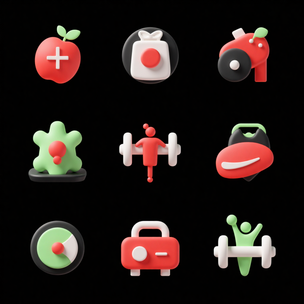 Logo图标设计之幻彩浮雕系列图标,Create a series of 9 icons for a fitness app, exquisite, UI-focused, with an embossed feel, a sense of continuity, unified style, high-end appearance, minimalistic, using red, black, green, and white color scheme, best quality, creative, colorful, sophisticated, semi-transparent, on a pure black background.