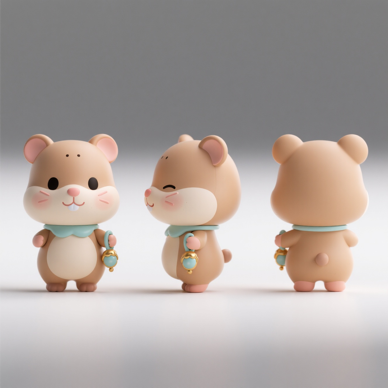 潮玩IP仓鼠,盲盒手办,3D,IP,吉祥物,可爱的豚鼠拟人形象,泡泡玛特风格,可爱,萌,三视图,正视图,侧视图,后视图,干净的背景,超级细节,blender,C4D建模,OC渲染,32K