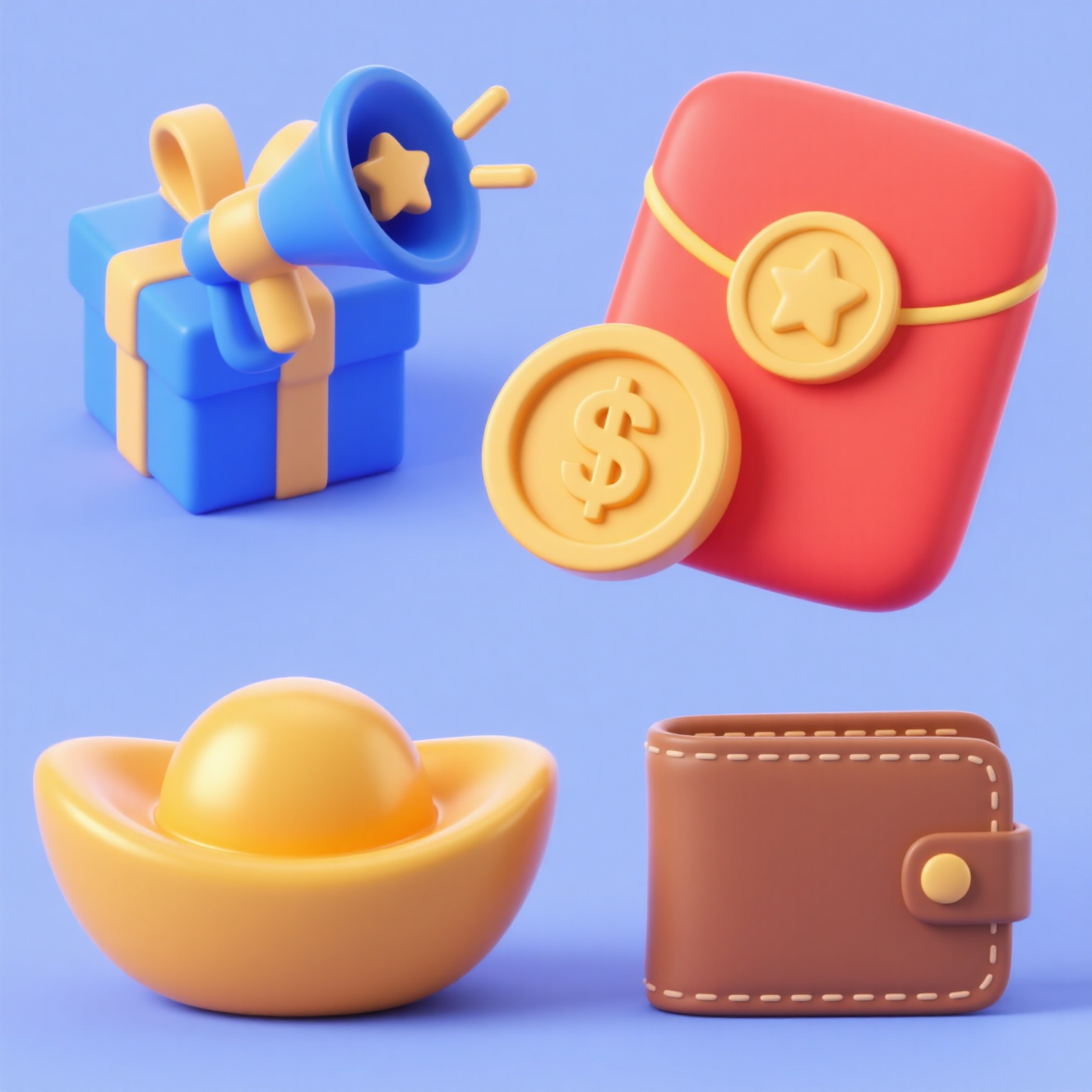 C4DUI图标,3D材质图标风格,金币,红包,礼盒,蓝色的小喇叭,星星,元宝,钱包,。