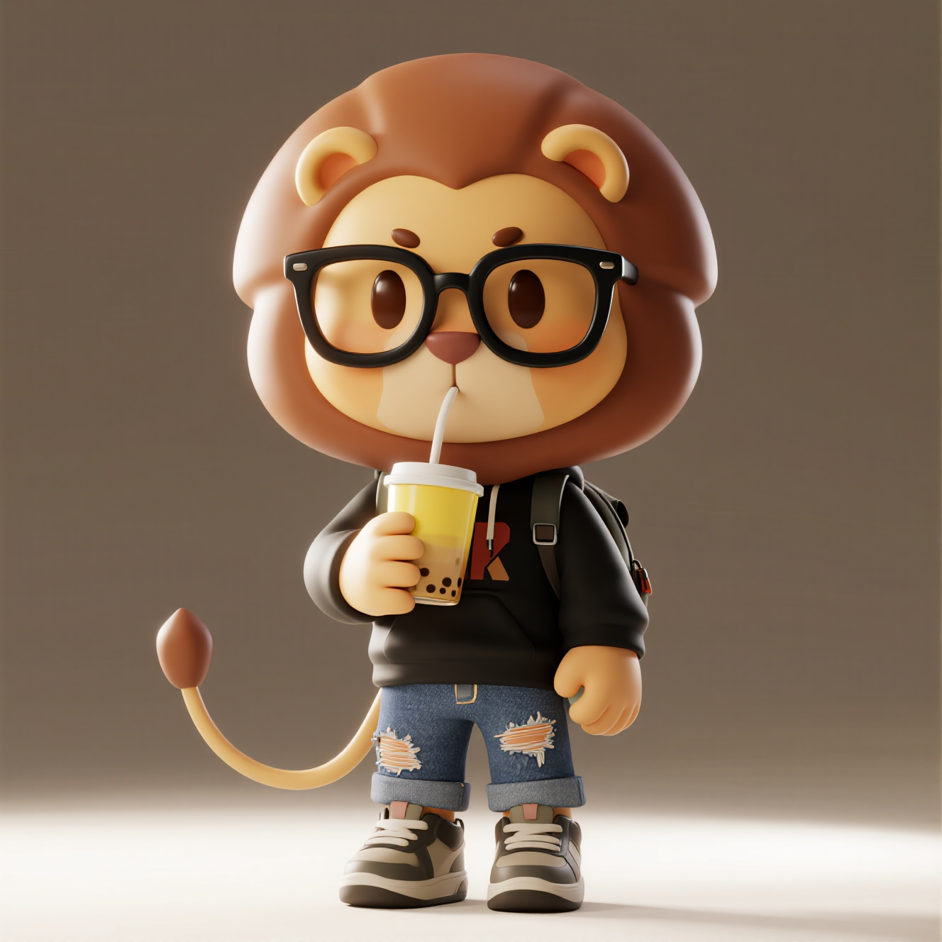 潮玩IP程序狮,时尚可爱的小狮子IP形象,圆润的卡通风格,戴着黑框眼镜,穿着潮流卫衣和破洞牛仔裤,背着双肩包,手拿奶茶,手办盲盒风格