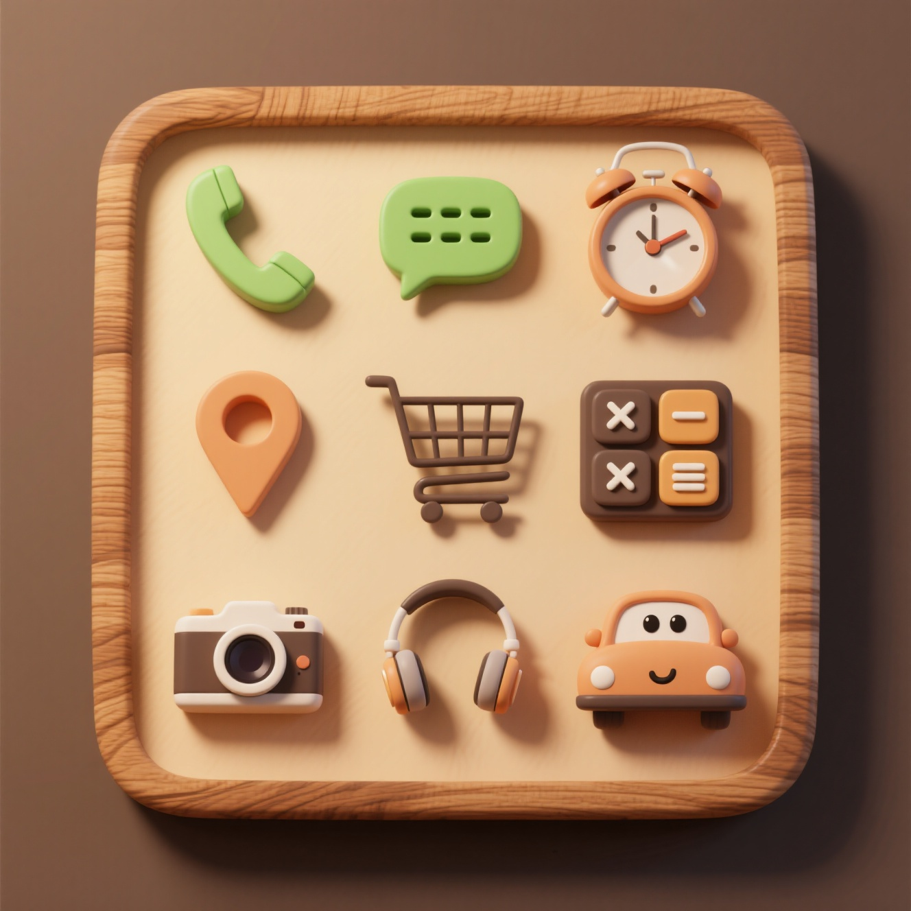 C4DUI图标,con图标设计,图标顺序依次是:电话,短信,闹钟,地图,购物车,计算器,相机,耳机,小汽车,可爱卡通,3D,木质立体浮雕,阴影,颜色统一