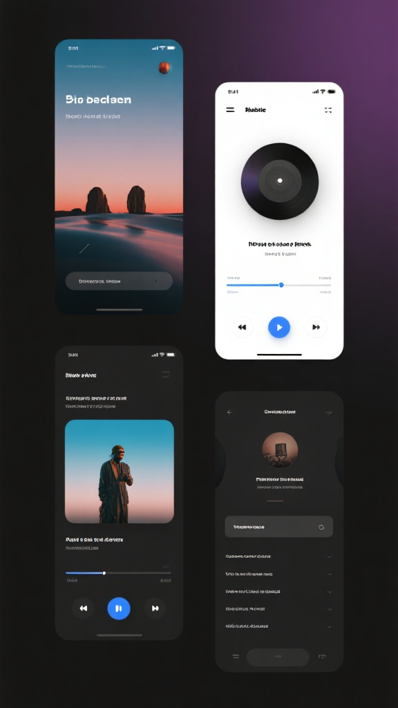 音乐appUI手机效果图,极简 UI 布局与设计(含用户交互、GUI),融入科幻、梦核概念,音乐App,搭配悬浮液晶面板、柔和漫射光、景深模糊效果,以优雅渐变过渡呈现数字未来主义的苹果UI界面设计美学,兼具动态环境反射的效果展示,现代科技感,4个界面