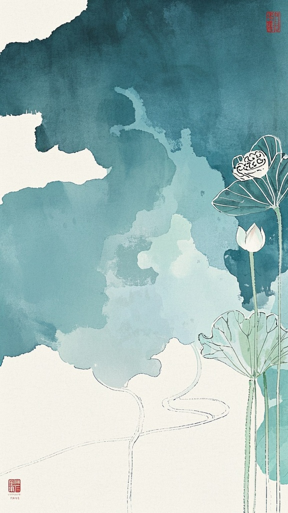 背景配图,主色调 底纹:哑光玄青色渐变月白色核心元素 1. 左侧竖向水墨山峦轮廓2. 右下角抽象化荷花经脉线条