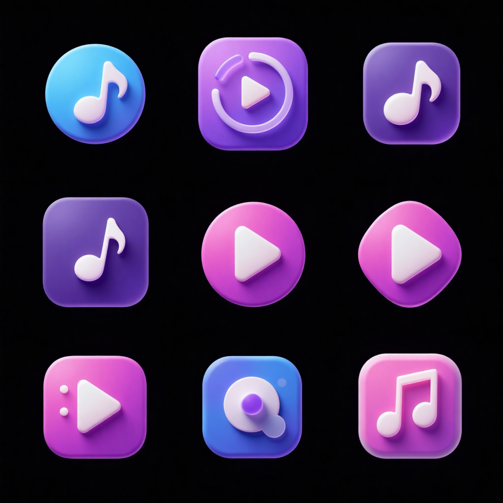 Logo图标设计之幻彩浮雕系列图标,Create a series of icons (9 in total) for a music playback application, exquisite, UI-focused, with an embossed feel, cohesive series sense, unified style, high-end feel, minimalistic, using purple-pink-blue-white color scheme, best quality, creative, colorful, sophisticated, semi-transparent, on a pure black background.