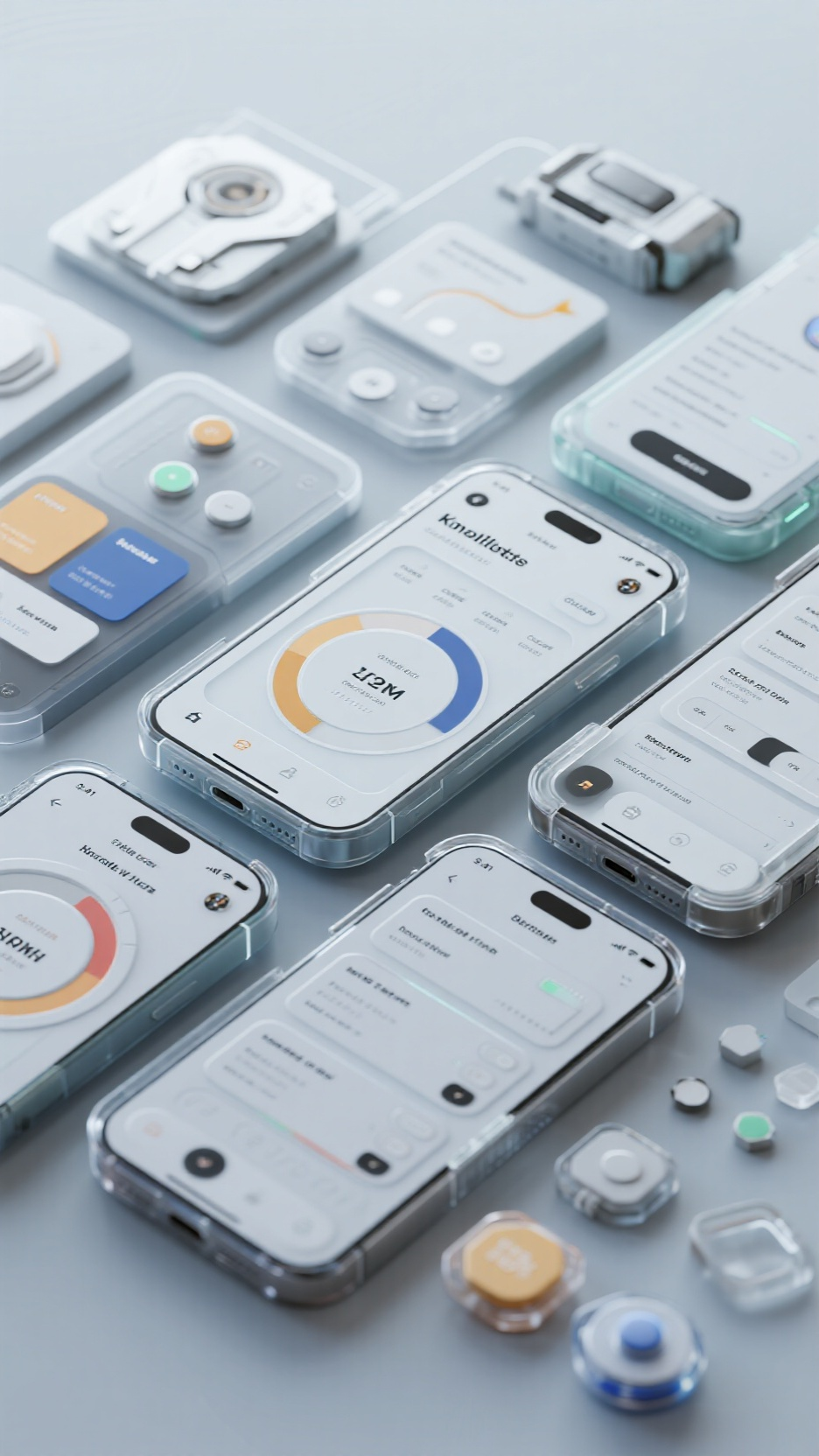 3D机甲UI手机效果图,3D风格机甲的手机软件界面。knolling,软件界面和功能模块组成的各种模块,所有的模块外壳也都是透明色。软件大屏位于画面中间,各种功能模块整齐的排布在软件大屏的四周,大屏的外壳都是透明色磨砂材质。透明是核心的基调。填满了画面,背景简单,复杂构图,逼真细节,高清摄影,8k