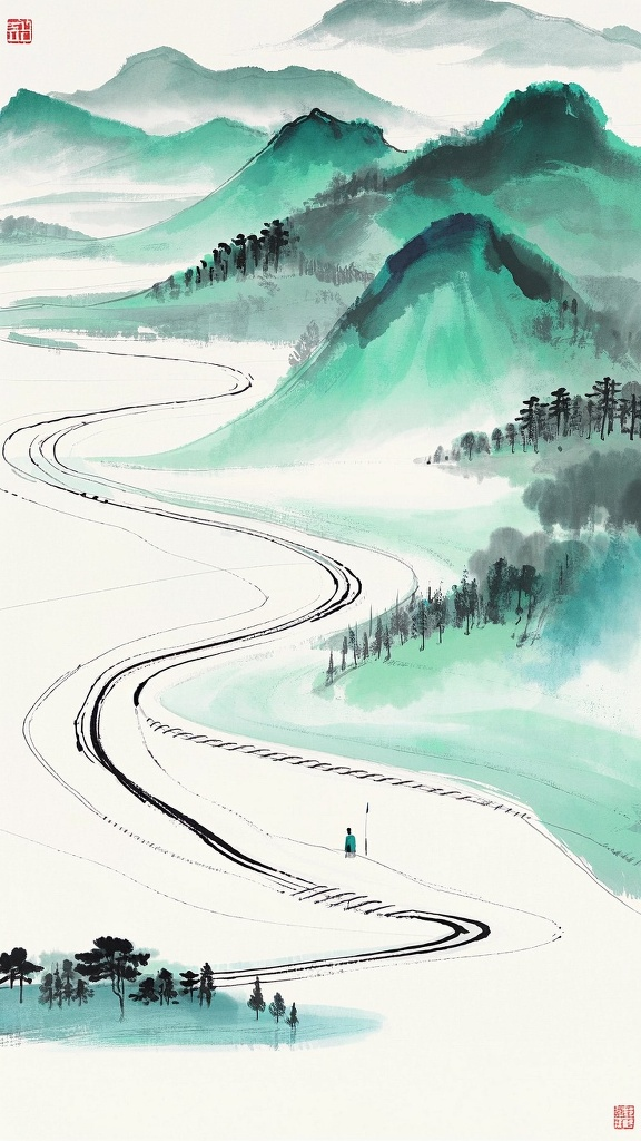背景配图,中国风背景图,干净极简主义,流线型的高山,曲线灵动,渺小的毛笔描绘山川,极致完美构图,画面中心大面积留白,电影海报,8K ,白色主色,蓝绿色点缀,超现实主义