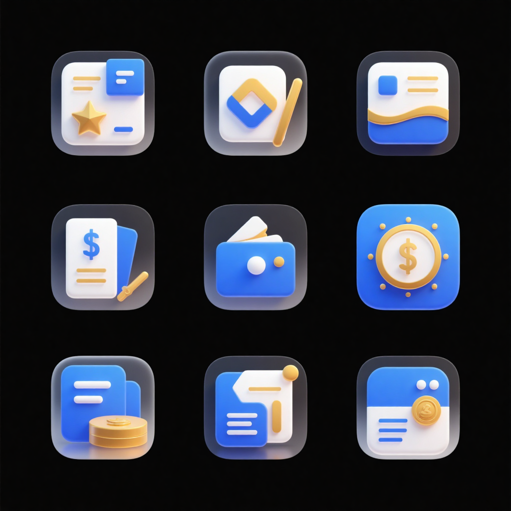 Logo图标设计之幻彩浮雕系列图标,Create a series of icons (9 in total) for a financial management app. The icons should be exquisite, with a UI design, have an intaglio effect, maintain a cohesive series feel, have a unified style, exude luxury, be minimalist, use blue-gold-gray-white color schemes, achieve the best image quality, be creative, colorful, high-end, have a semi-transparent effect, and be set against a pure black background.