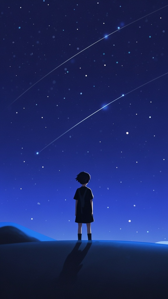 背景配图,插画,星空下孤独的小小的背影,深蓝色纯色背景,唯美,伤感,氛围感