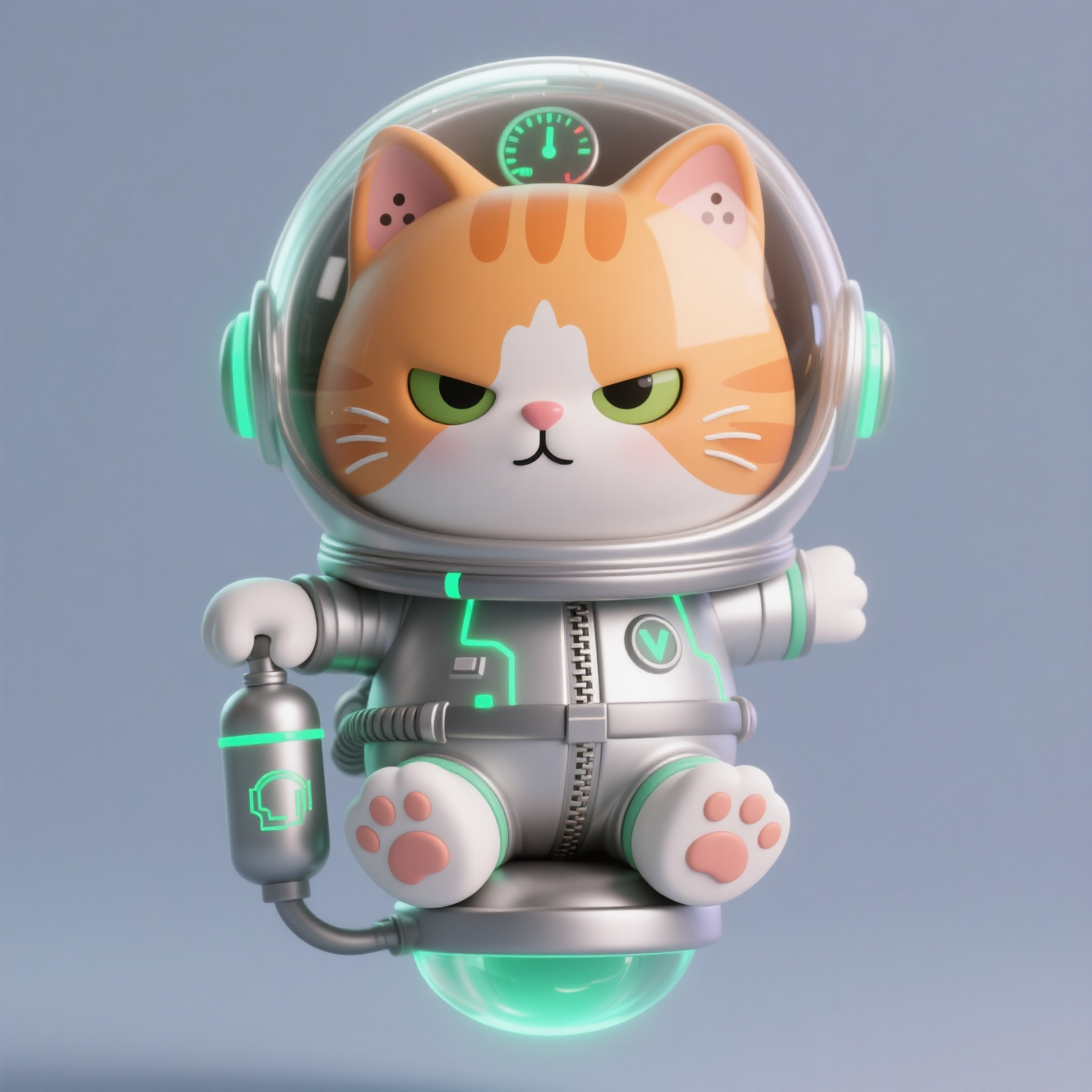 潮玩IP太空橘猫,Q 版潮玩吉祥物,橘猫占比 85%,圆滚滚橘白相间毛发,头上戴透明宇航员头盔(嵌发光仪表盘),耳朵从头盔透气孔探出。穿银灰宇航服(猫咪肉垫图案 + 荧光绿电路),爪子扒着悬浮氧气瓶,肥肚腩挤出宇航服拉链,慵懒眼神带星际光效,3D 细腻质感,纯色背景