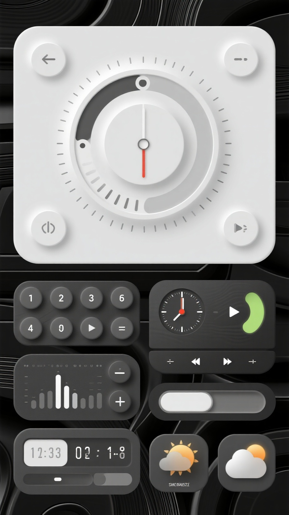 UI手机效果图,新拟态3D图标,多种设计,主题为半透明按钮,适用于UI,重点是圆形旋钮、按键、音量、刻度、指南针、播放、数字时间、天气等元素,模拟手机界面,版面设计,黑白灰配色,背景为黑色金属质感,低饱和度,风格参考新拟态,细节很多,高分辨率。