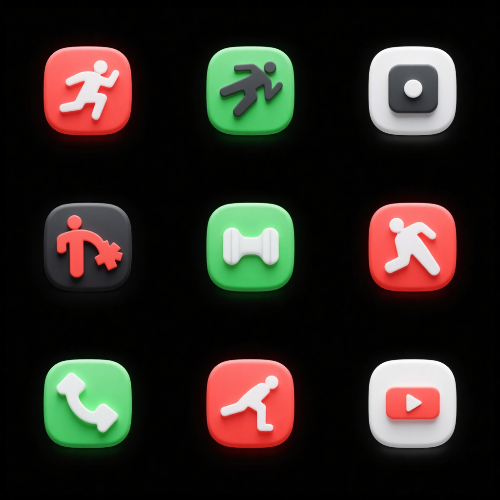 Logo图标设计之幻彩浮雕系列图标,Create a series of 9 icons for a fitness app, exquisite, UI-focused, with an embossed feel, a sense of continuity, unified style, high-end appearance, minimalistic, using red, black, green, and white color scheme, best quality, creative, colorful, sophisticated, semi-transparent, on a pure black background.