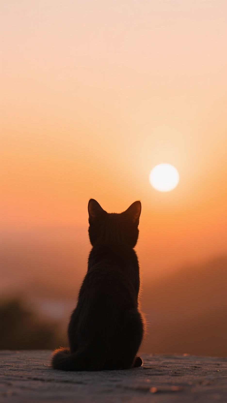 背景配图,一只黑色小猫的背影,橙色夕阳下的远景,远景,温暖宁静,细腻逼真