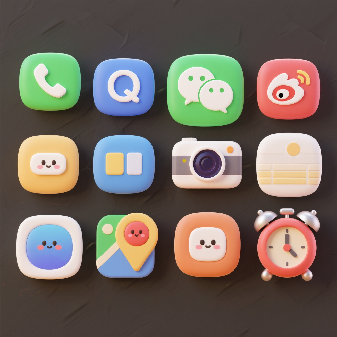 C4DUI图标,信息图标,电话图标,微信图标,qq图标,微博图标,浏览器图标,相机图标,地图图标,闹钟图标,呈有序排列,可爱卡通风格,3D效果,有立体感,颜色统一,用于APP图标设计,写实插画,特写,活泼氛围,明亮色调
