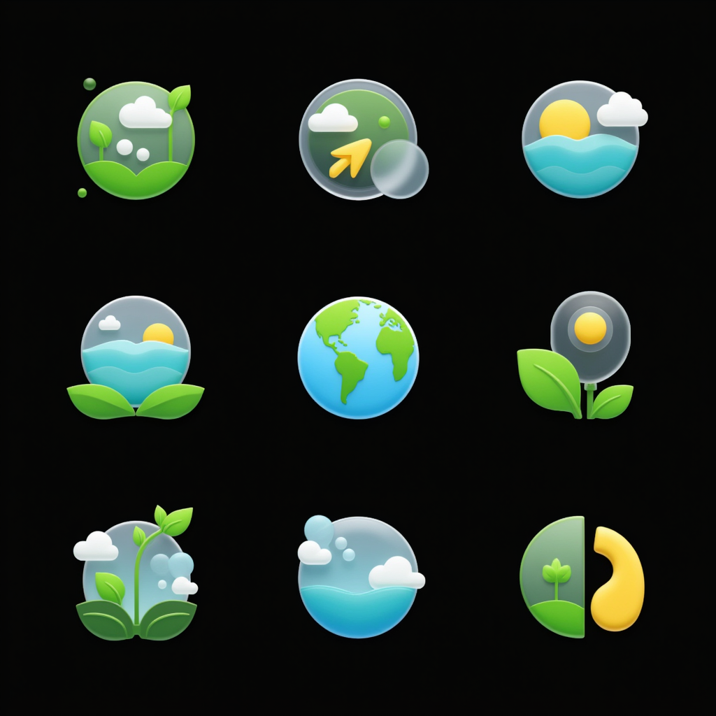 Logo图标设计之幻彩浮雕系列图标,Create a series of 9 exquisite icons for an environmental monitoring platform with a unified and advanced style. The icons should have a UI design with an embossed feel, featuring a minimalist and modern aesthetic. Use a color scheme of green, blue, gray, and yellow to convey a sense of environmental awareness. Ensure the icons have high-quality rendering with best-in-class detail and clarity. The design should be creative and colorful, incorporating a semi-transparent effect against a pure black background to enhance the visual impact and sophistication.
