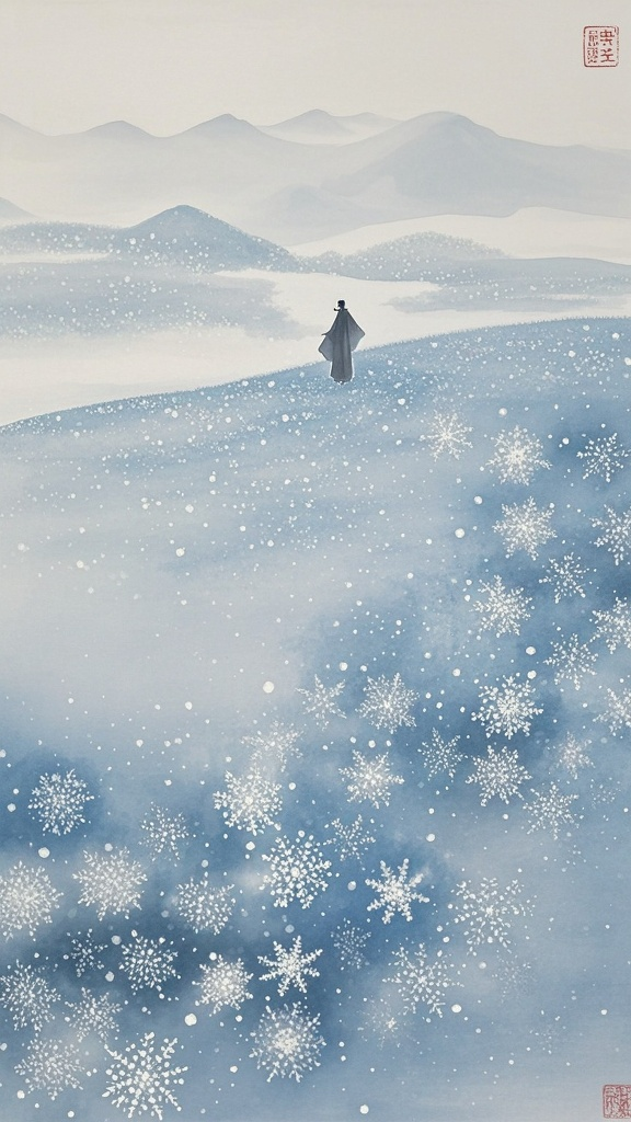 背景配图,大写意,极淡吹墨,水彩艺术融合成空灵,孤寂,山水意境,极简,人,雪花,珠光粉,亮银,天蓝,国风,大面积留白,唯美,