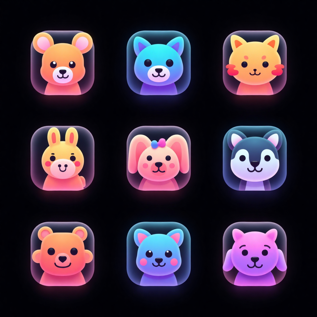 Logo图标设计之磨砂玻璃霓虹图标系列,A collection of animal icons (9 icons), frosted glass icon series, eye-catching colors, user interface design, app design, fresh and lively design, flat design, central composition, ultra-realistic details, neon light rendering, black_background