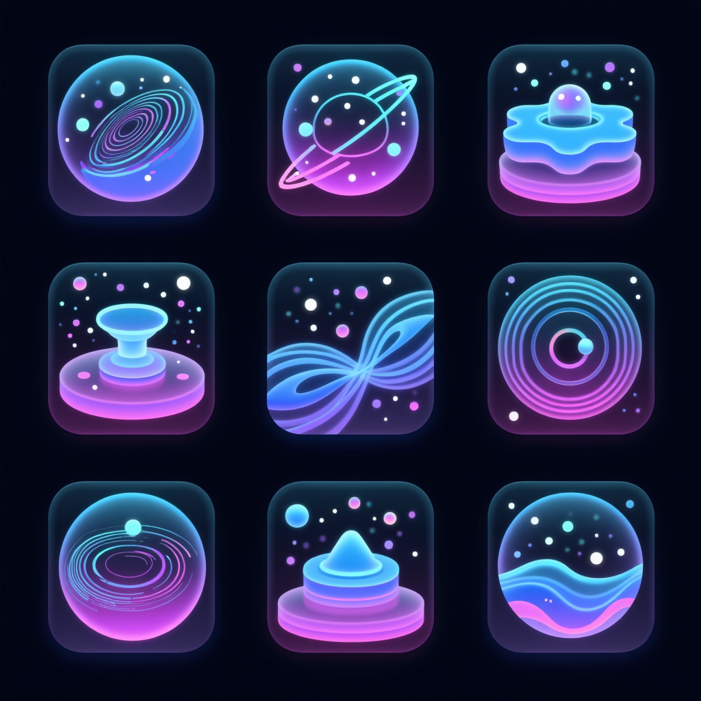 Logo图标设计之磨砂玻璃霓虹图标系列,A collection of 9 gravity wave concept icons in a frosted glass series, featuring color fluctuations. Designed for user interfaces and app design with cosmological physics elements, using a flat design style. Centered composition with extreme detail, neon glow ripples, set against a dark background. The icons depict various aspects of gravitational waves with intricate designs, including wave patterns, cosmic symbols, and scientific notations, all rendered with a glossy finish and glowing edges to enhance the visual appeal. The color gradients range from deep blues and purples to bright neons, creating a futuristic and dynamic look.
