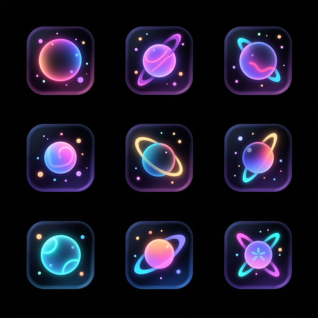 Logo图标设计之磨砂玻璃霓虹图标系列,A collection of nine dark matter concept icons in a frosted glass series, featuring deep and mysterious colors. Designed for user interface and application design, exploring the mysteries of the universe. Flat design with a central composition, ultra-fine details, and neon dark matter streams on a black background.