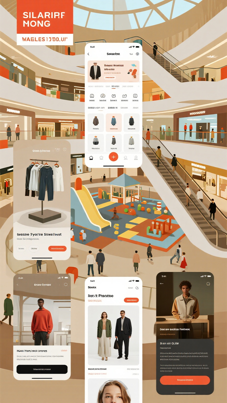 商城UI手机效果图,商场UI界面设计,画面中有高档服装店,有俯瞰角度的商场中庭的儿童游戏区,有全景拍摄的餐饮区,有商务风格的元素,高级感