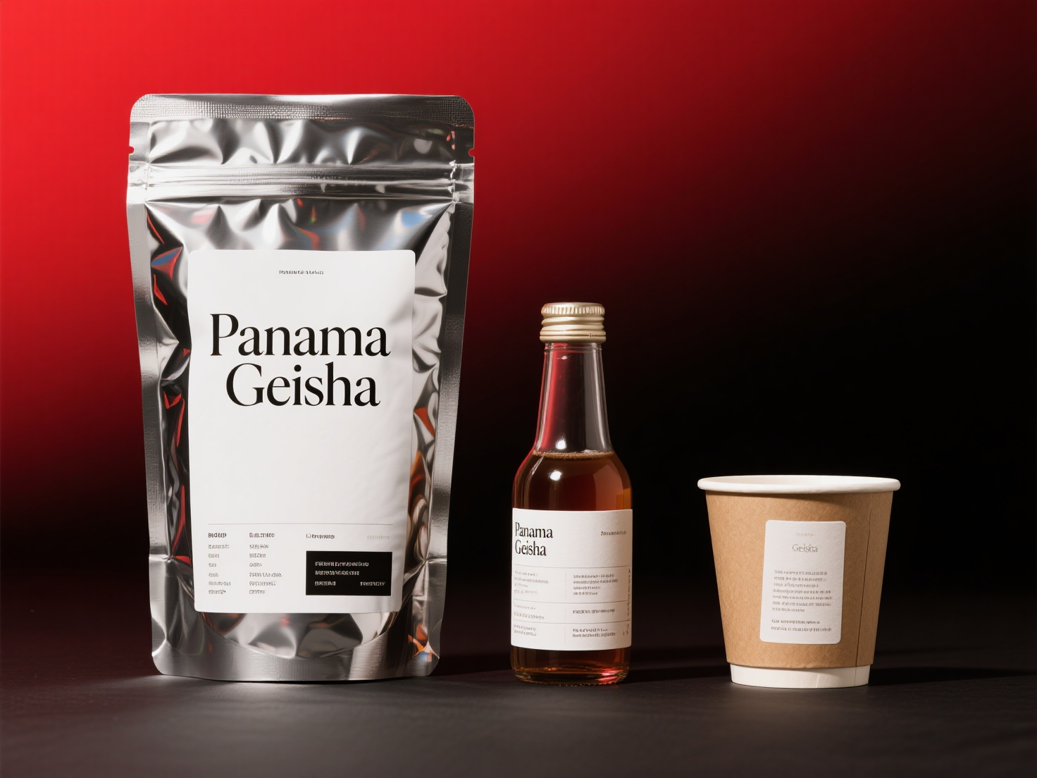 品牌CIVI包装,展示了“Panama Geisha”品牌的几种包装形式,包括带有镭射效果的包装袋、瓶子、纸杯等。包装袋上挂有标签,详细标注了产品的烘焙程度、风味等信息。设计上依旧延续品牌一贯的色调和风格,通过不同材质和工艺的运用,如镭射包装袋,提升产品的质感和吸引力,进一步塑造品牌的高端形象。