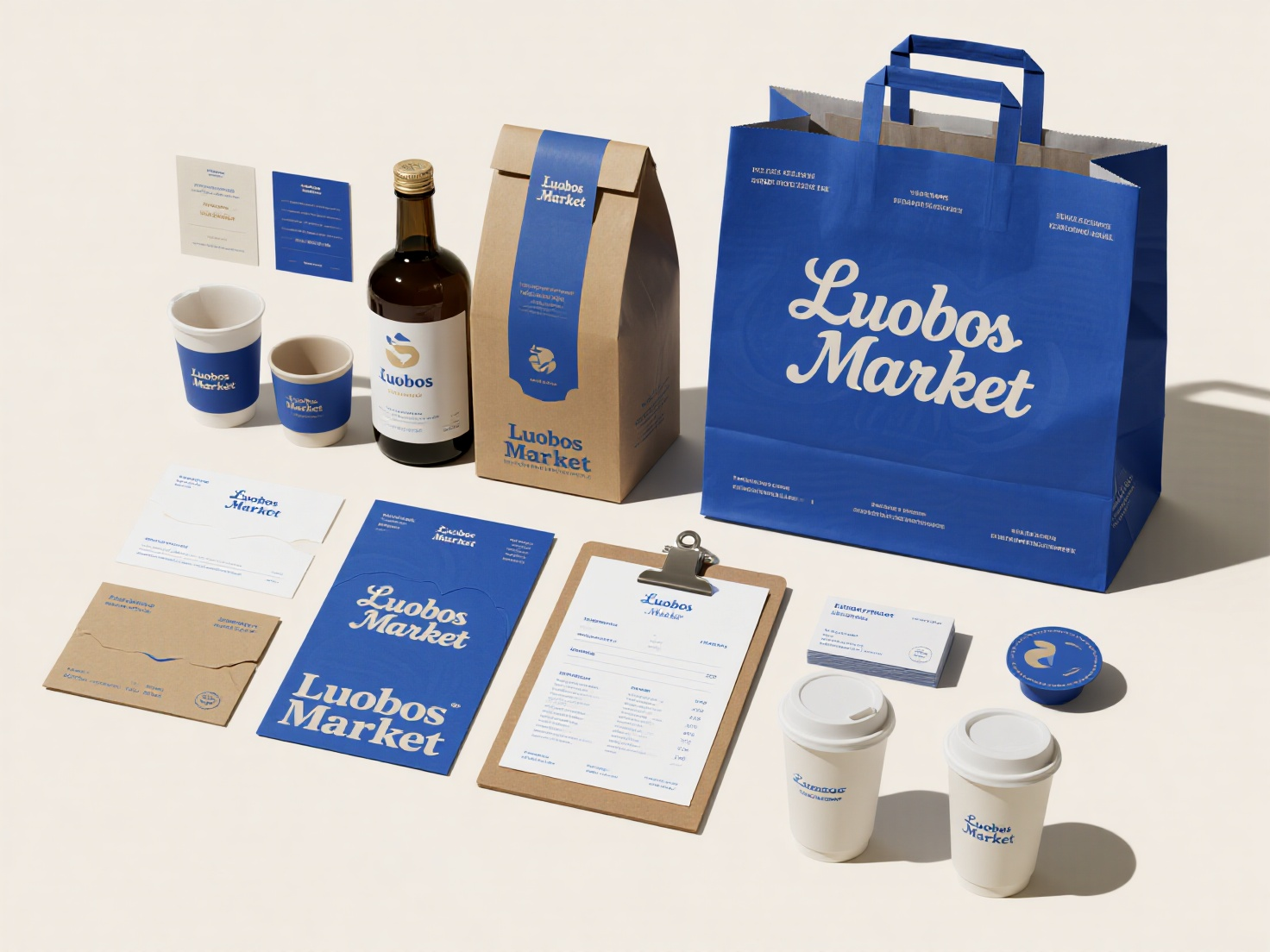 品牌CIVI包装,“Luobos Market”品牌的包装设计集合,除了手提袋、瓶子等,还增加了菜单、名片、纸杯等更多品牌周边包装。设计上延续钴蓝色和米色的主色调,字体风格一致,在不同包装形式上合理布局品牌名称和产品信息,展现了品牌视觉形象的统一性和延展性,传达出一种高品质、有格调的品牌氛围。