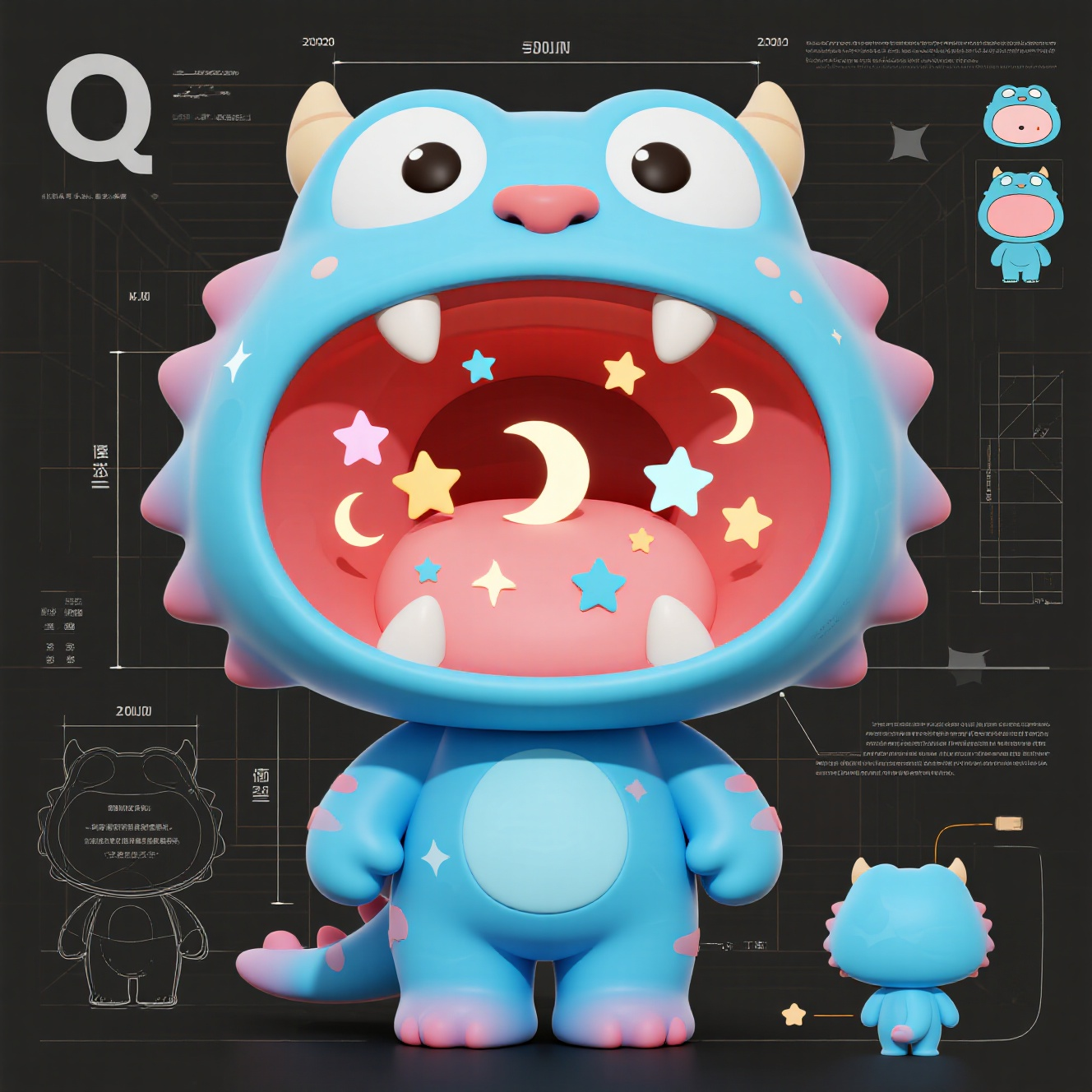 IP形象小恐龙,In the style of blueprint to make Q version of In the style of blueprint to make Q version of 特写一只可爱的张着大嘴巴的丑萌怪兽的嘴里有很多星星和月亮。梦幻渐变蓝色的怪兽,大嘴巴里面是浅红色的底色,mascot doll, design sketch. Dimensions and explanatory text notes are included. Lines and measurements shall be used to indicate the dimensions of each part to give the sketch a technical and detailed feel. In addition to the main design, it also includes scattered thumbnails showing different angles, 3D depth of fi